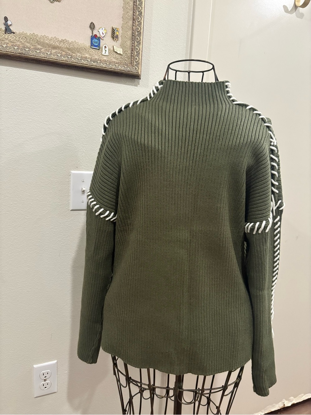 Olive Green Mock Neck Sweater with Contrast Rope Trim